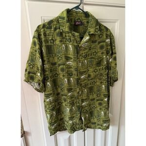Zodad's Hawaiian Shirt Rayon Green Surf Tiki Button Up Mens Large Short Sleeve
